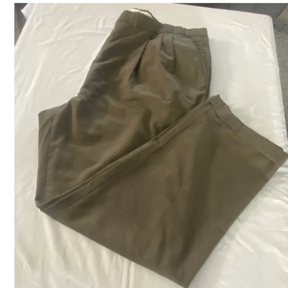 Paul Dione Mens Pleated Cuffed Dress Pants Olive Brown Textured‎ Trousers 44x31